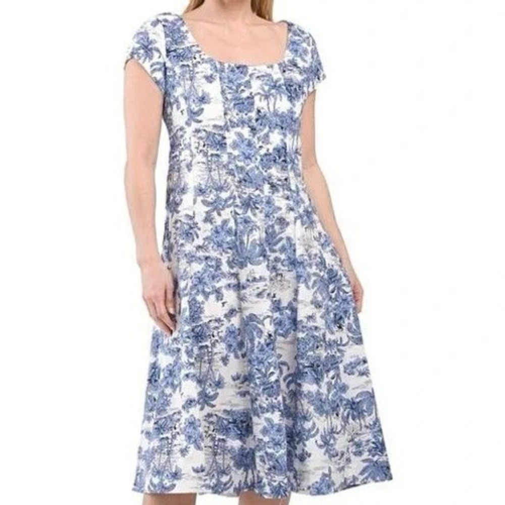 Joie Blue White Nautical Toile‎ Print Fit & Flare Midi Dress Sz 10 Cottagecore